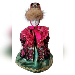 Traditional Russian Doll with Burgundy and Green Attire Vintage